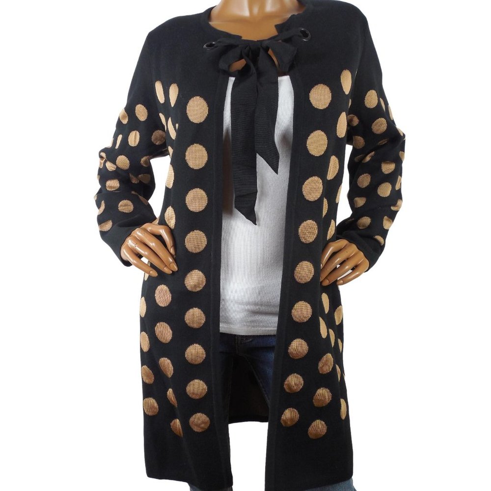 CHICO'S Top L Sz 2 Black/Tan Dot Long Cardigan Sweater Ribbon Tie Heavyweight - Picture 2 of 14